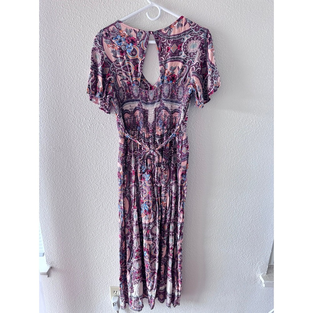 Angie Boho Paisley Floral Romper Pink Purple Tie Back Keyhole Size Medium - Picture 3 of 3